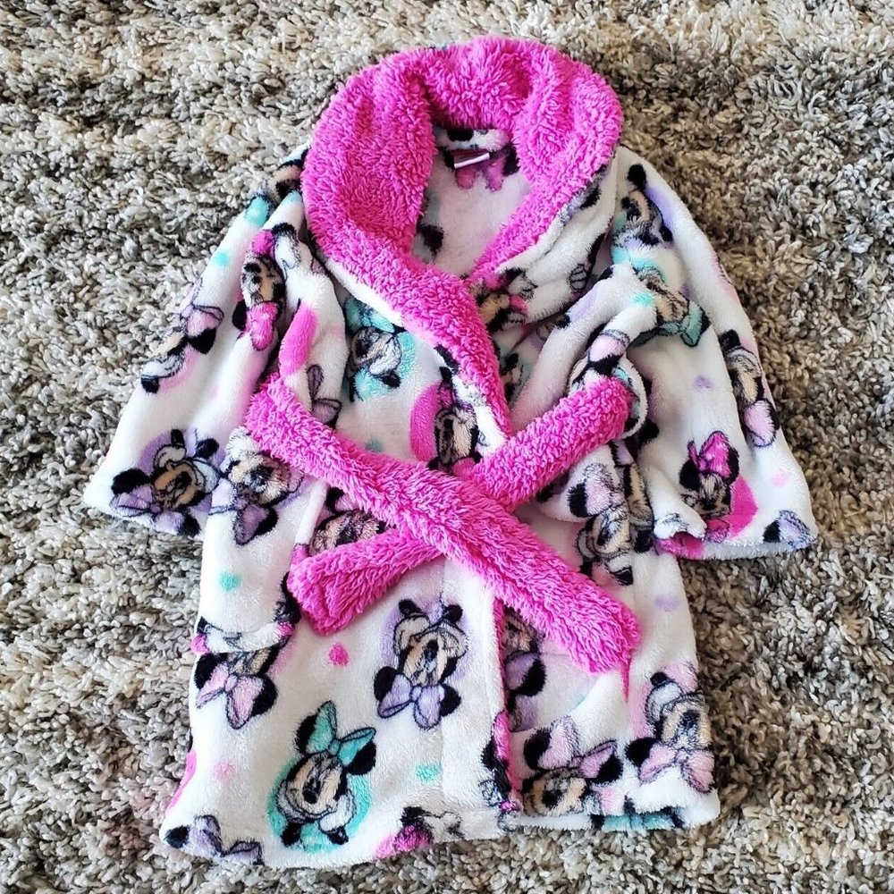 Girls DISNEY Minnie Mouse Plush ROBE White With Pink Trim 2T SO WARM & Soft EUC